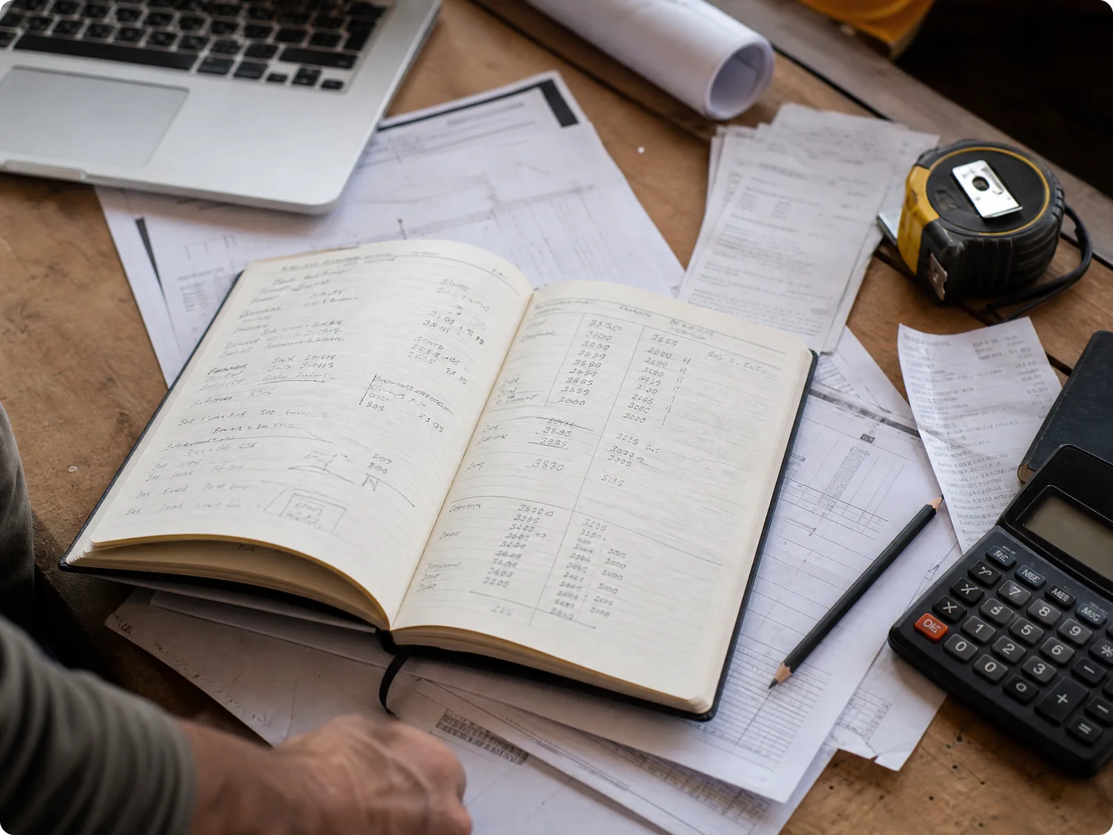 Contractor notebook, receipts, calculator, and job papers on a work desk